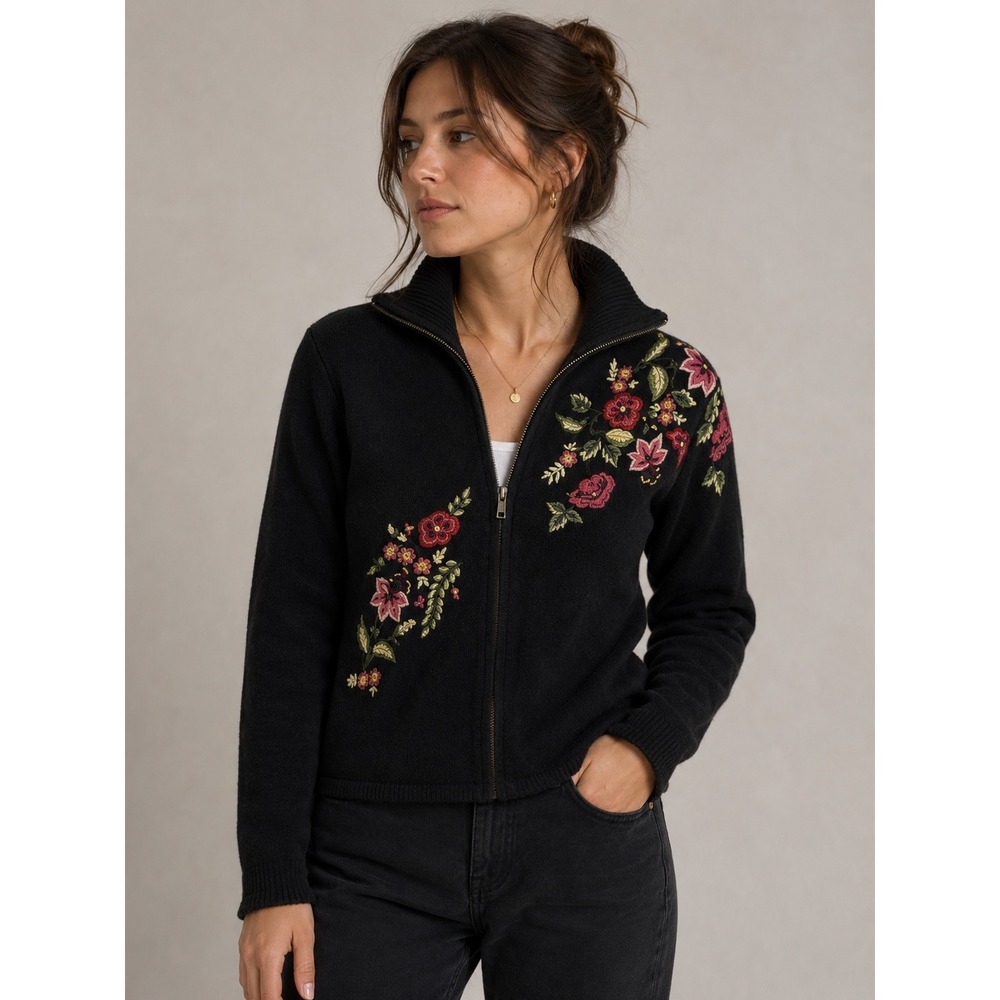 Tiara International Vintage 2001 Floral Embroidered‎ Zip Up Sweater Black Small